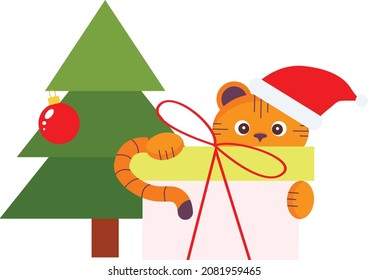 Cute little tiger  wearing Santa Claus hat hides behind a Christmas present near the Christmas tree. Flat cartoon style vector illustration.