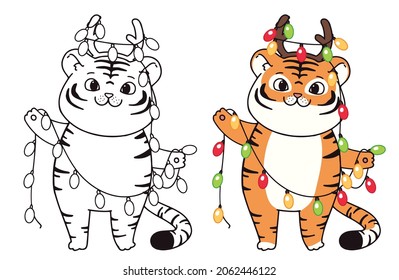 Cute little tigers illustration character design banner for Christmas. Doodle cartoon style.
