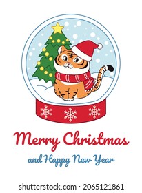 Cute little tigers illustration character design banner for Christmas. Doodle cartoon style.