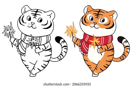 Cute little tigers illustration character design banner for Christmas. Doodle cartoon style.