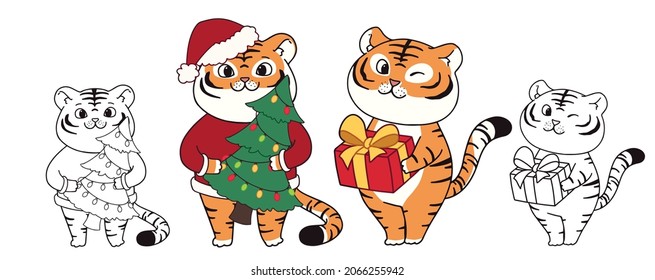 Cute little tigers illustration character design banner for Christmas. Doodle cartoon style.