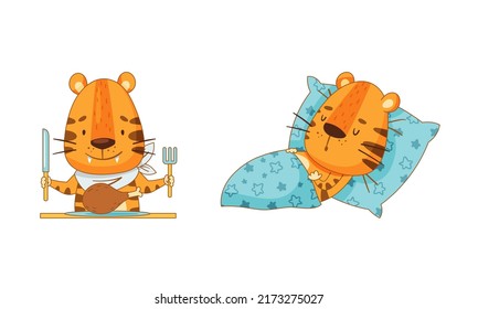 Cute little tigers set. Funny baby animal character sleeping in bed and having breakfast vector illustration