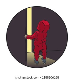 Cute little tiny child wondering open door, cartoon character vector illustration. Confused small baby standing light from room. Kid looks at top. Riddle what's behind door? Place for your text banner