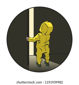 Cute little tiny child wondering open door, cartoon character vector illustration. Confused small baby standing light from room. Kid looks at top. Riddle what's behind door -  Place for your text banner