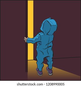 Cute little tiny child wondering open door, cartoon character vector illustration. Confused small baby standing light from room. Kid looks at top. Riddle what's behind door? Place for your text banner