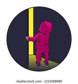 Cute little tiny child wondering open door, cartoon character vector illustration. Confused small baby standing light from room. Kid looks at top. Riddle what's behind door? Place for your text banner