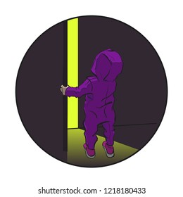 Cute little tiny child wondering open door, cartoon character vector illustration. Confused small baby standing light from room. Kid looks at top. Riddle what's behind door? Place for your text banner
