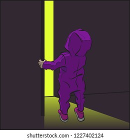 Cute little tiny child wondering open door, cartoon character vector illustration. Confused small baby standing light from room. Kid looks at top. Riddle what's behind door? Place for your text banner