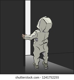 Cute little tiny child wondering open door, cartoon character vector illustration. Confused small baby standing light from room. Kid looks at top. Riddle what's behind door? Place for your text banner
