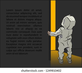 Cute little tiny child wondering open door, cartoon character vector illustration. Confused small baby standing light from room. Kid looks at top. Riddle what's behind door? Place for your text banner