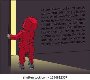 Cute little tiny child wondering open door, cartoon character vector illustration. Confused small baby standing light from room. Kid looks at top. Riddle what's behind door? Place for your text banner