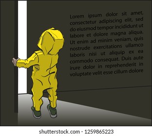 Cute little tiny child wondering open door, cartoon character vector illustration. Confused small baby standing light from room. Kid looks at top. Riddle what's behind door? Place for your text banner