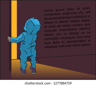 Cute little tiny child wondering open door, cartoon character vector illustration. Confused small baby standing light from room. Kid looks at top. Riddle what's behind door? Place for your text banner