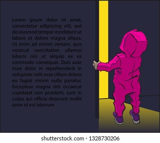 Cute little tiny child wondering open door, cartoon character vector illustration. Confused small baby standing light from room. Kid looks at top. Riddle what's behind door? Place for your text banner
