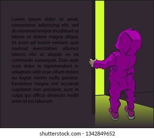 Cute little tiny child wondering open door, cartoon character vector illustration. Confused small baby standing light from room. Kid looks at top. Riddle what's behind door? Place for your text banner