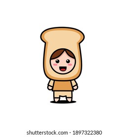 Cute little toast character. Children wearing bread costume. Flat vector illustration