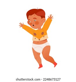 Cute Little Toddler in Diaper Making His First Unsteady Steps Vector Illustration