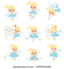 Cute Little Tooth Fairy with Baby Teeth Set, Lovely Blonde Fairy Girl Cartoon Character in Light Blue Dress with Wings Vector Illustration