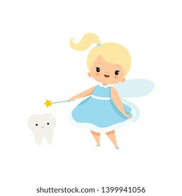 Cute Little Tooth Fairy with Baby Tooth and Magic Wand, Lovely Blonde Fairy Girl Cartoon Character in Light Blue Dress with Wings Vector Illustration