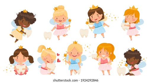 Cute Little Tooth Fairy With Baby Teeth And Wand Vector Set