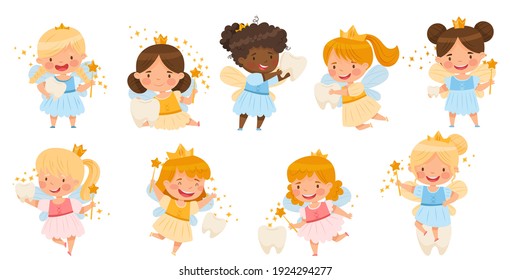 Cute Little Tooth Fairy with Baby Teeth and Wand Vector Set