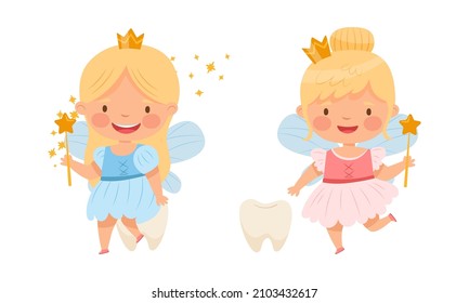 Cute little Tooth Fairy with baby teeth set. Lovely winged blonde girls in golden crowns with magic wands cartoon vector illustration