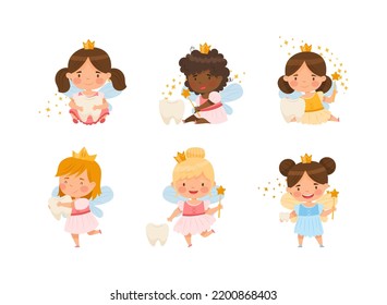 Cute Little Tooth Fairy with Baby Teeth and Wand Vector Set