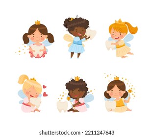 Cute Little Tooth Fairy with Baby Teeth and Magic Wand Wearing Crown Vector Set