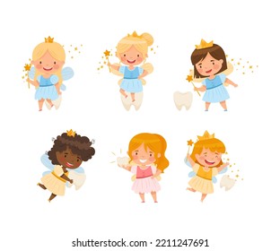 Cute Little Tooth Fairy with Baby Teeth and Magic Wand Wearing Crown Vector Set