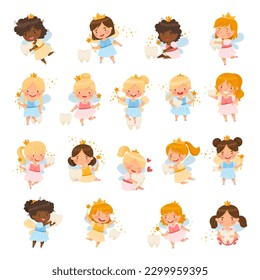 Cute Little Tooth Fairy with Baby Teeth and Wand Big Vector Set