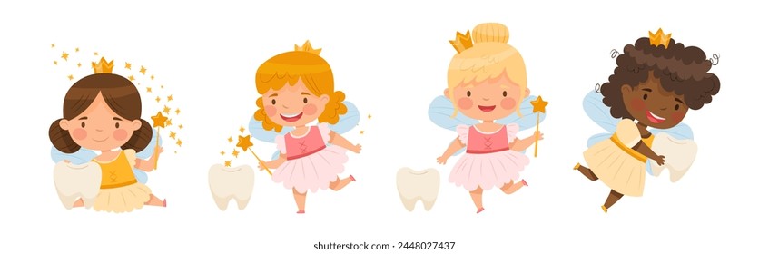 Cute Little Tooth Fairy with Baby Teeth and Magic Wand Vector Set