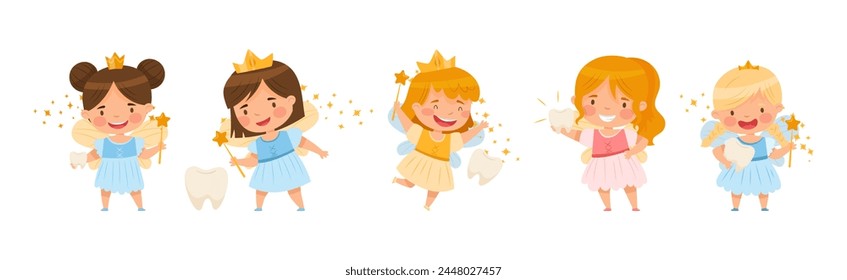 Cute Little Tooth Fairy with Baby Teeth and Magic Wand Vector Set