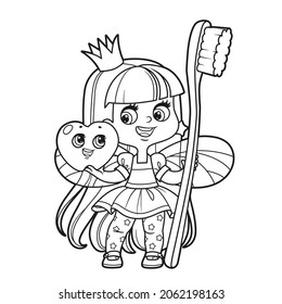 Cute little tooth fairy with a big toothbrush and cute cartoon tooth outlined for coloring on a white background