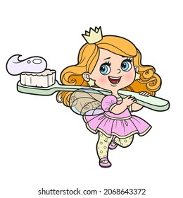 Cute little tooth fairy with a big toothbrush on his shoulder color variation for coloring page on a white background