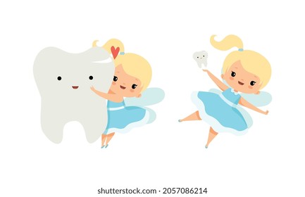 Cute Little Tooth Fairy with Blond Hair and Ponytail with First Baby Tooth Vector Set