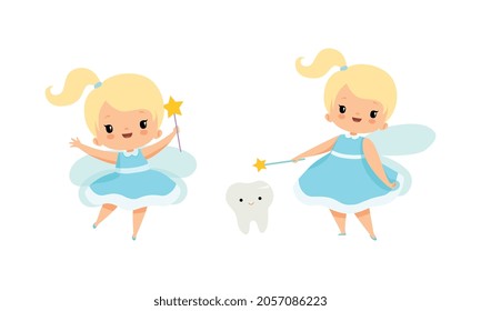 Cute Little Tooth Faible mit Blond Hair und Ponytail mit First Baby Tooth Vector Set