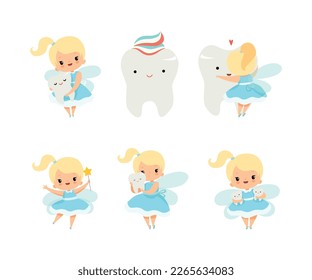 Cute Little Tooth Fairy with Blond Hair and Ponytail with First Baby Tooth Vector Set