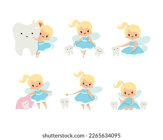 Cute Little Tooth Faible mit Blond Hair und Ponytail mit First Baby Tooth Vector Set