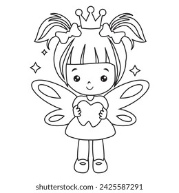 Cute little tooth fairy coloring page vector cartoon illustration