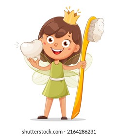 Cute little tooth fairy with crown and toothbrush. Cheerful fairy cartoon character in a green dress.
