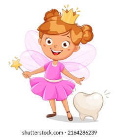 Cute little tooth fairy with crown. Cheerful tooth fairy cartoon character in a pink dress. Stock vector illustration isolated on white background