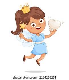 Cute little tooth fairy with crown. Cheerful tooth fairy cartoon character in a blue dress. 