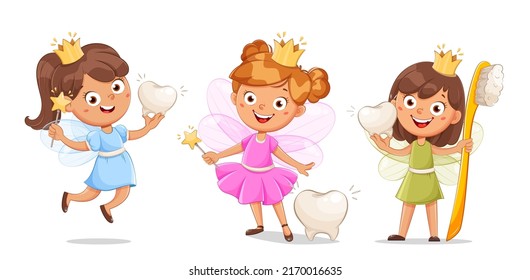 Cute little tooth fairy with crown, set of three poses. Cheerful fairy cartoon character