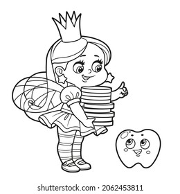 Cute little tooth fairy explains to a small tooth what one coin is for one tooth outlined for coloring on white background