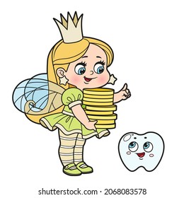 Cute little tooth fairy explains to a small tooth what one coin is for one tooth color variation for coloring page on white background