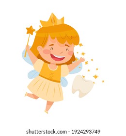 Cute Little Tooth Fairy with First Baby Tooth and Wand Vector Illustration