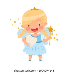 Cute Little Tooth Fairy with First Baby Tooth and Wand Vector Illustration