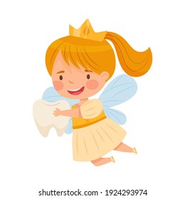 Cute Little Tooth Fairy Flying with First Baby Tooth Vector Illustration