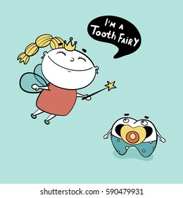 Cute little Tooth Fairy flying with magic wand in her hand near the baby tooth in sliders with a pacifier in his mouth. Cartoon vector illustration.