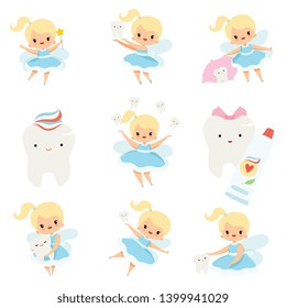 Cute Little Tooth Fairy and Healthy Baby Teeth Set, Lovely Blonde Fairy Girl Cartoon Character in Light Blue Dress with Wings Vector Illustration